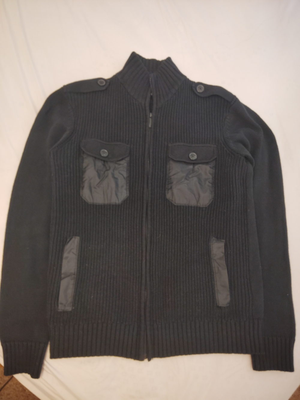 Men's Black Full-Zip Rib Knit Jacket with Pocket Details
